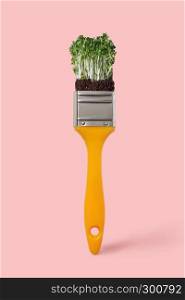 Creative brush with vegetable fresh organic microgreen on a color background of the year 2019 Living Coral Pantone, place for text. Non toxic concept painting.. Natural fresh microgreen on a yellow paint brush on a color background of the year 2019 Living Coral Pantone, copy space. Painting organic food