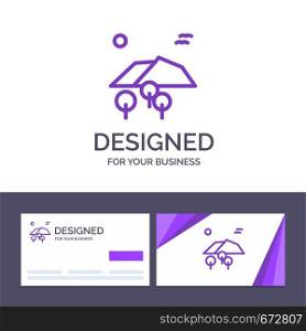 Creative Business Card and Logo template Landscape, Mountain, Tree, Birds Vector Illustration
