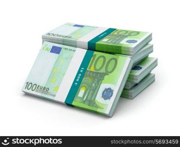 Creative business finance making money concept - stack of 100 euro banknotes bills bundles isolated on white background