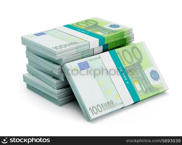 Creative business finance making money concept - stack of 100 euro banknotes bills bundles isolated on white background
