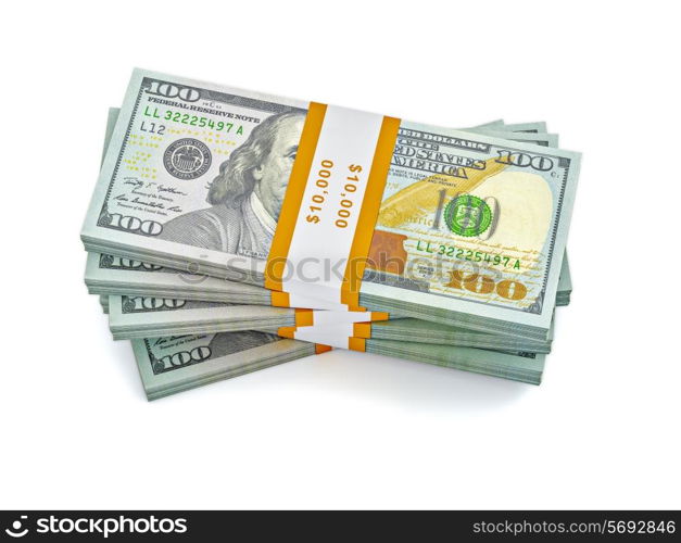 Creative business finance making money concept - stack of new 100 US dollars 2013 edition banknotes bills bundles isolated on white background money stack on white