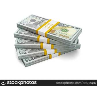 Creative business finance making money concept - stack of new 100 US dollars 2013 edition banknotes bills bundle isolated on white background