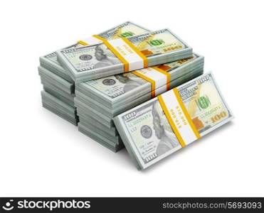 Creative business finance making money concept - stack of new new 100 US dollars 2013 edition banknotes (bills) bundles isolated on white background money stack on white