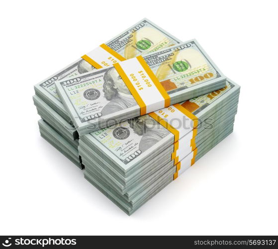 Creative business finance making money concept - stack of new new 100 US dollars 2013 edition banknotes (bills) bundles isolated on white background money stack on white