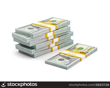 Creative business finance making money concept - stack of new new 100 US dollars 2013 edition banknotes (bills) bundles isolated on white background money stack on white