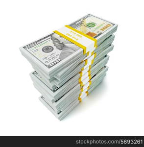 Creative business finance making money concept - stack of new new 100 US dollars 2013 edition banknotes bills bundles isolated on white background money stack on white