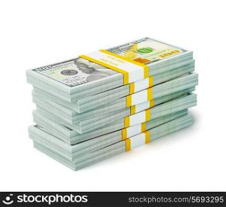 Creative business finance making money concept - stack of new new 100 US dollars 2013 edition banknotes bills bundles isolated on white background money stack on white