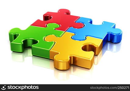 Creative business, office, teamwork, partnership and communication corporate concept: logo from four color red, blue, green and yellow puzzle jigsaw pieces isolated on white background with reflection effect