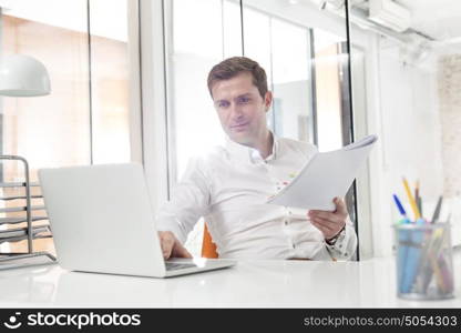 Creative businessman with laptop and documents in office