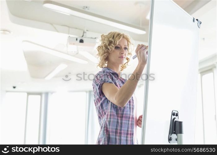 Creative businesswoman writing on presentation board in office