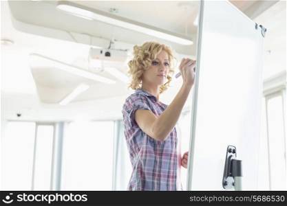 Creative businesswoman writing on presentation board in office