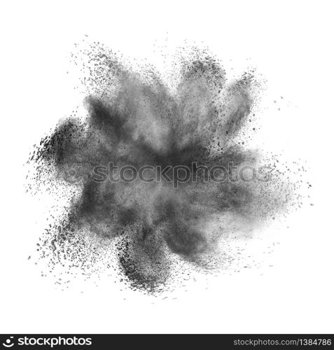 Creative chaotic powder burst or splash in dark gray color on a white background with copy space.. Dark grey dust splash or explosion on a white background.