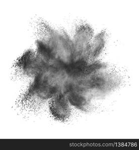 Creative chaotic powder burst or splash in dark gray color on a white background with copy space.. Dark grey dust splash or explosion on a white background.