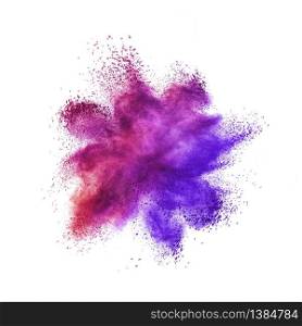 Creative chaotic powder burst or splash in violet and purple colors on a white background with copy space.. Abstract powder or dust explosion on a white background.