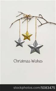 Creative christmas concept photo of a branch with stars on white background.