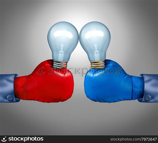 Creative competition as a business concept with two businessmen fighting with red and blue boxing gloves holding a light bulb as a metaphor for the fight for ideas innovation and creativity with the challenges of danger and risk.