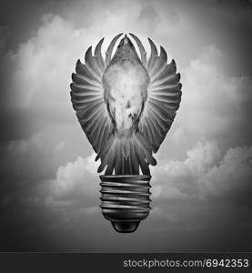 Creative concept as a surreal idea and innovation metaphor with a bird with open wings shaped as a light bulb with 3D illustration elements.