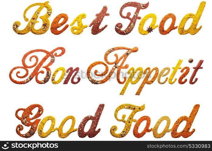 Creative concept food set of signs made of spices isolated on white.