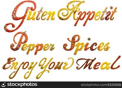 Creative concept food set of signs made of spices isolated on white.