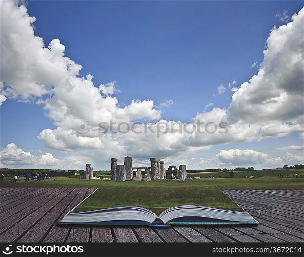 Creative concept image of Stonehenge coming out of pages in magical book