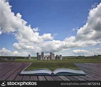 Creative concept image of Stonehenge coming out of pages in magical book