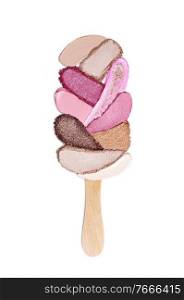 Creative concept of lipstick smeared in the form of popsicle ice cream on a white background. Flat lay of colorful swatches makeup product