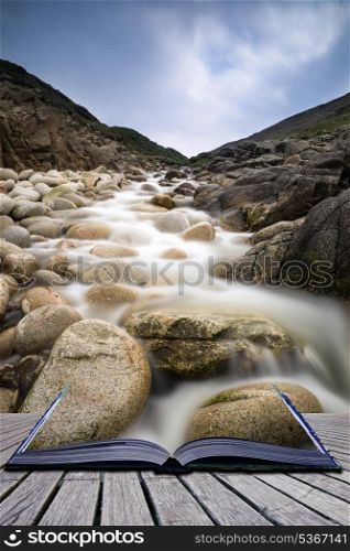 Creative concept pages of book Beautiful landscape of Porth Nanven beach Cornwall England. Stream feeding onto Porth Nanven beach Cornwall England