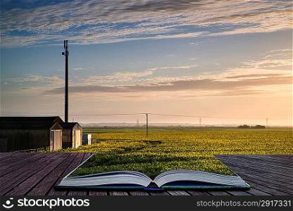 Creative concept pages of book Landscape of farm buildings being lit by rising sun over rapeseed crop field