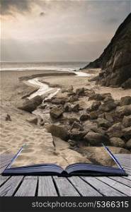 Creative concept pages of book Porthcurno yellow sand beach before sunset Cornwall England. Porthcurno yellow sand beach before sunset Cornwall England