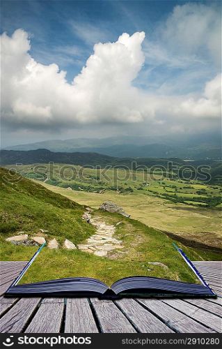 Creative concept pages of book View from Cadair Idris looking North towards Dolgellau over fields and countryside landscape