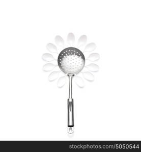Creative concept photo of a perforated spoon with plastic spoons in the shape of a flower on white background.