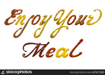 Creative concept photo of a sign mad of spices isolated on white.