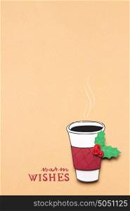 Creative concept photo of christmas take away coffee cup made of paper on brown background.