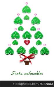 Creative concept photo of christmas tree with heart made of paper on white background. Frohe Weihnachten.