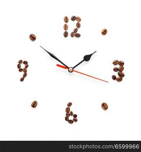 Creative concept photo of coffee clock made of beans on white background.
