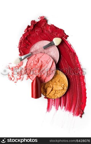 Creative concept photo of cosmetics swatches on white background.. Cosmetic swatch.