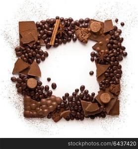 Creative concept photo of frame made of chocolate on white background.