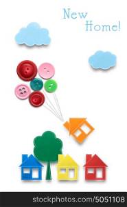 Creative concept photo of houses with air balloons made of paper on white background.