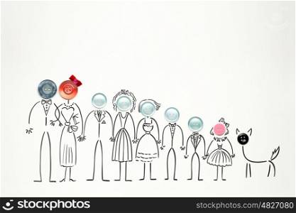 Creative concept photo of illustrated people with buttons instead of their heads on white background.