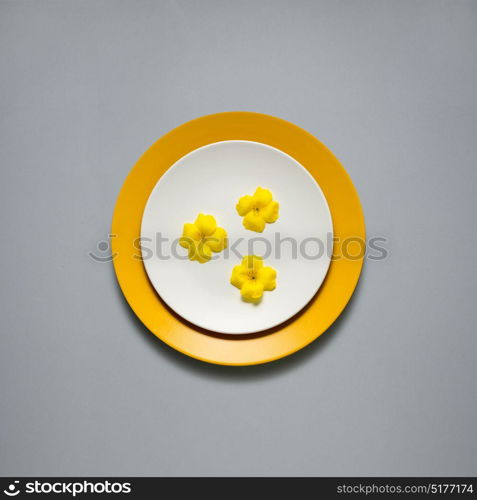 Creative concept photo of kitchenware, painted plate with food on it on grey background.