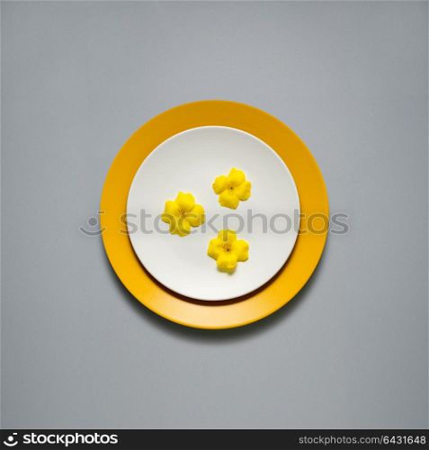 Creative concept photo of kitchenware, painted plate with food on it on grey background.