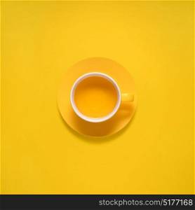 Creative concept photo of kitchenware, painted plate with food on it on yellow background.