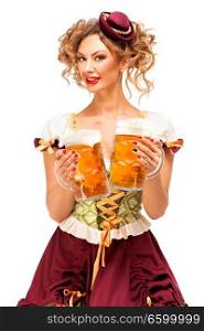 Creative concept photo of Oktoberfest waitress wearing a traditional Bavarian costume with beer isolated on white background.