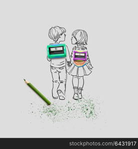 Creative concept photo of two sharpeners and a pencil with illustrated pupils holding hands on grey background.