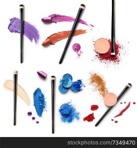 Creative concept photo set of cosmetic swatches with brushes lipstick eyeshadow and other beauty products on white background.