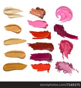 Creative concept photo set of cosmetics swatches beauty products mix lipstick lip gloss foundation cream eyeshadow on white background.