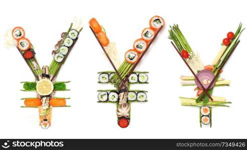 Creative concept photo set of yen sing currency made of sushi and vegetables on white background. A still life of yen sign made of sushi.