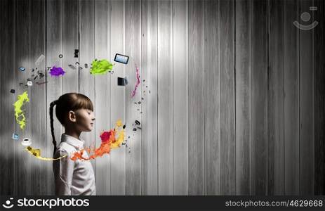 Creative concept. Side view of cute girl with closed eyes and colorful splashes