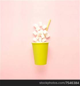 Creative concept still life food diet health photo of take away drink beverage cup full of sugar with straw on pink background.