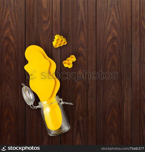 Creative concept still life food health photo of bottle jar of honey made of paper on wooden background.